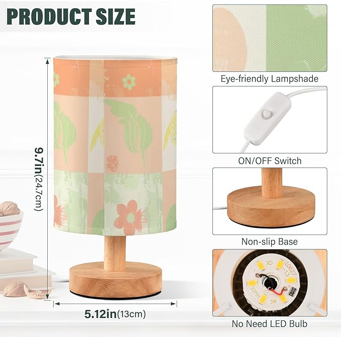 Gingham LED Table Lamp, Bedside Lamp with Linen Lampshade, Flicker-Free Eye Care USB Plug in Nightstand Lamp, for Bedroom and Office
