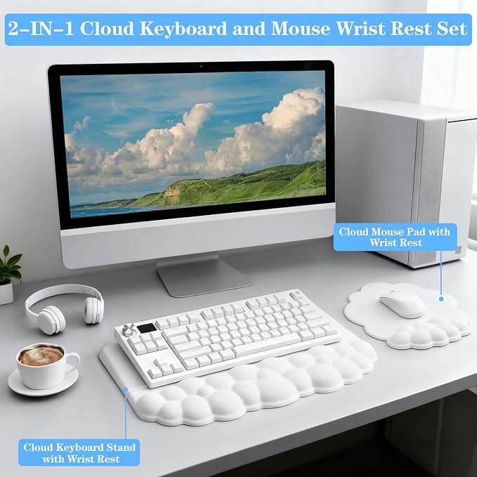 Cloud Keyboard and Mouse with Wrist Rest, Ergonomic Tilted Keyboard Stand with Soft Memory Foam Wrist Support Set, Effortless Typing, Comfortable for Office, Work, and Gaming