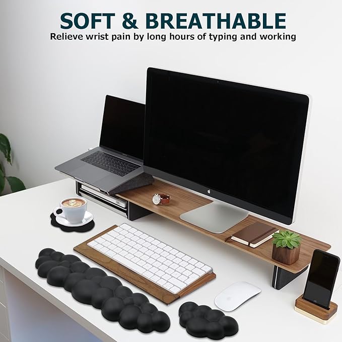 Cloud Wrist Rest Keyboard, PU Leather Memory Foam Wrist Rest for Computer Keyboard, Ergonomic Keyboard Wrist Rest Pad and Cute Mouse Wrist Rest for Gaming, Office, Computer, Typing, Black