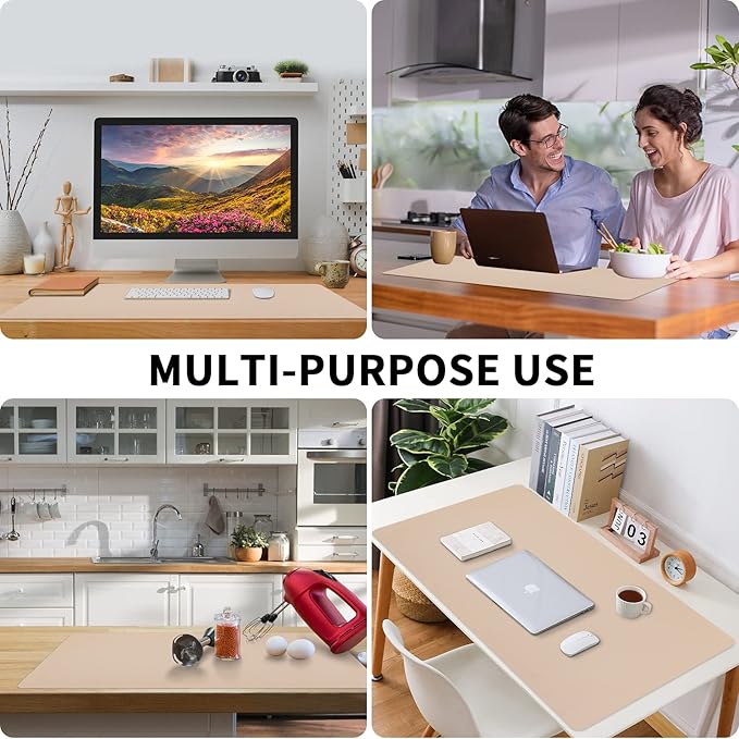 Leather Desk Pad, Mouse Pad, Non-Slip Desk Protector Mat, Leather Desk Blotter, Computer Desk Pad, Waterproof Desk Mat for Office Home Decor - Beige (31.5×15.7 Inches)