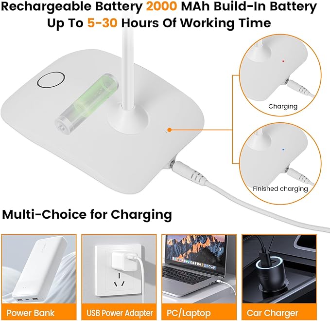 Battery Powered Desk Lamp, Portable Lamps Rechargeable 3 Color Modes Touch Control Stepless Dimming, Wireless Desk Lamp with 2000mAh, Small LED Table Light for Dorm Study Office Bedroom,2-Pack,White