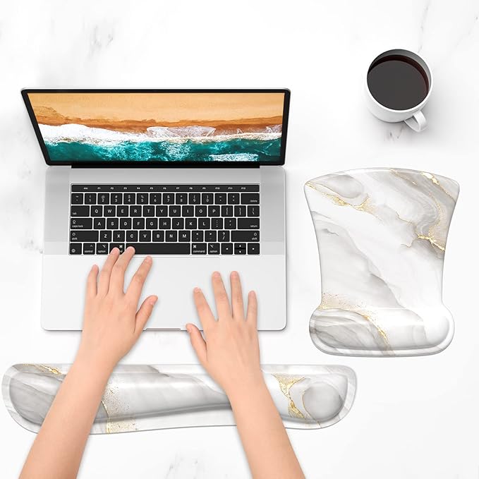 ITNRSIIET Mouse Pad Wrist Support Keyboard Wrist Rest Pad Ergonomic Mousepad Non-Slip Memory Foam Keyboard Pad Easy Typing Pain Relief Perfect for PC Laptop Gaming Office, White marbling