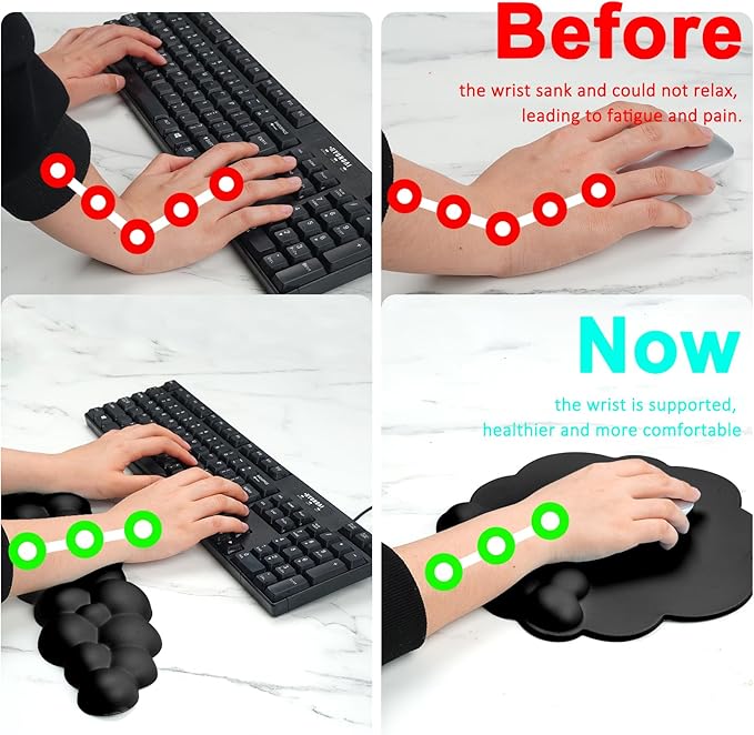 Cloud Keyboard and Mouse Wrist Rest Pad for Computer Arm- Ergonomic Wrist Support Mousepad with Non-Slip PU Base for Office, Gaming, and Home Use Anti-Fatigue(Black)