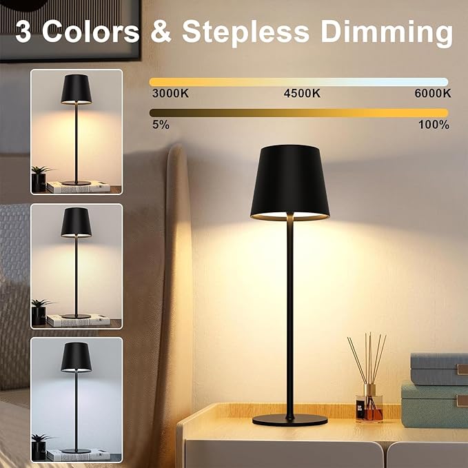 Pack of 2 Dimmable LED Battery Table Lamps, Touch Wireless Table Lamp with USB-C, Metal LED Rechargeable Battery Table Lamp for Outdoor and Indoor, Aluminium, IP44 Waterproof, 5600 mAh, 5 W, Black