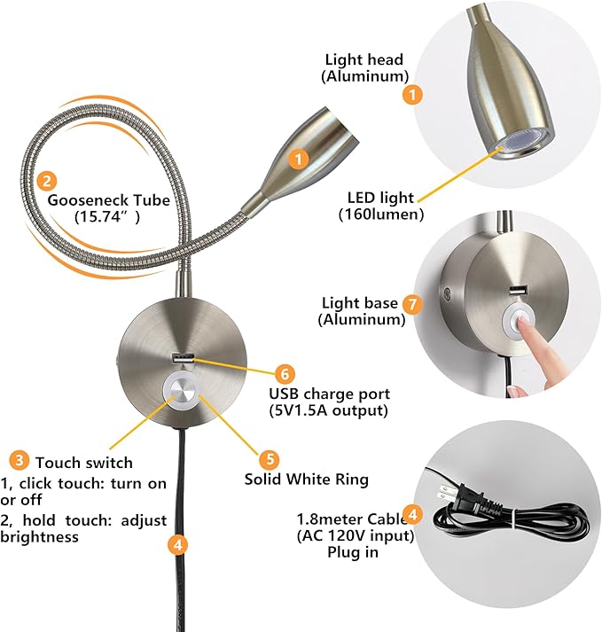 LED Wall Reading Light with USB Charging Port, Dimmable Gooseneck Bedside Lamp, Flexible Arm, 3W, (Nickel, 120V Plug in, Warm White)