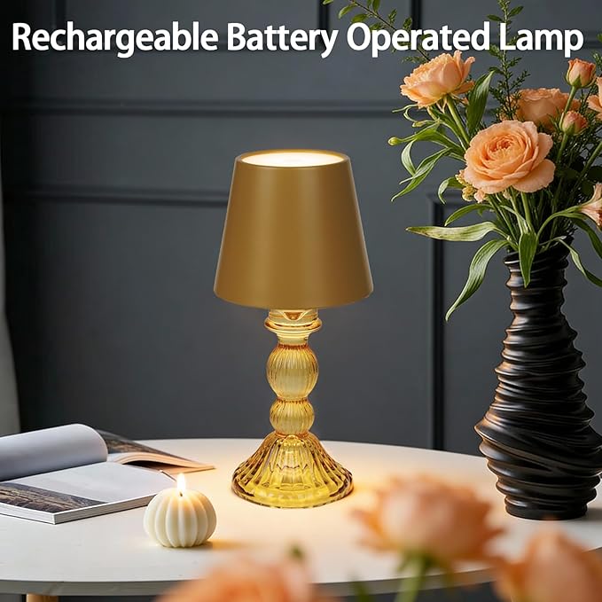 MJ PREMIER Cordless Table Lamp, Small Rechargeable Lamp with Touch Control, 9.5" H, 3 Color Stepless Dimming Battery Operated Lamps for Bedroom/Living Room/Bathroom/Kitchen/Corner/Entryway (Yellow)