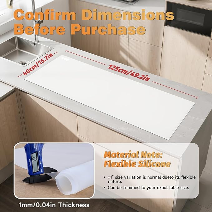 49.2" x 15.7" Large Silicone Mat for Kitchen Counter Protector, Cuttable Silicon Countertop Protector Mat Heat Resistant Mats for Countertop, Cut to Fit Placemat Ship Roll by Foepoge, Translucent