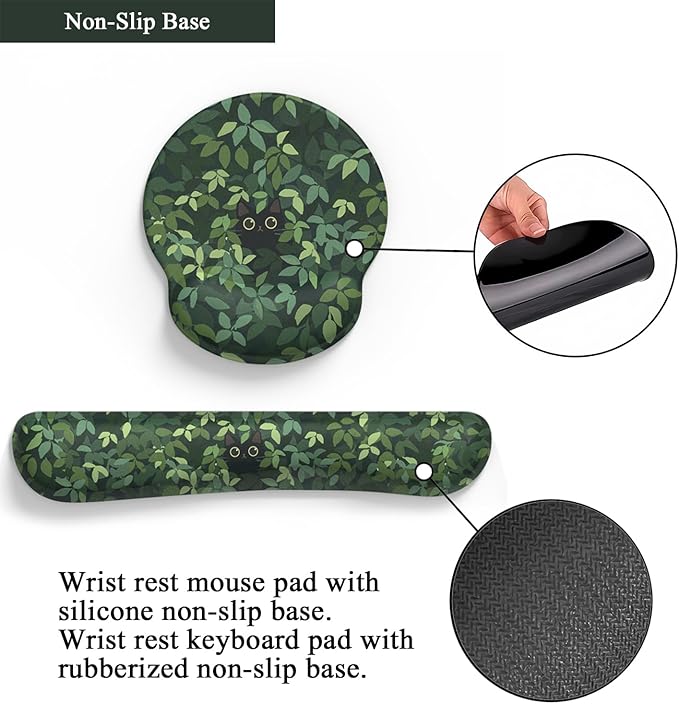 Cute Ergonomic Green Mouse Pad Cat Wrist Support,[ 20% Larger] Wrist Rest Gel Anime Kawaii 3D Green Office Plants Mouse Pads, Keyboards Silicon Wrist Pad, Game Work Study Home Office.