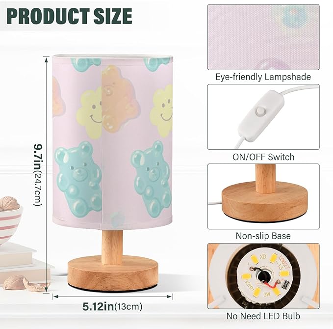 Gummy Bears LED Table Lamp, Bedside Lamp with Linen Lampshade, Flicker-Free Eye Care USB Plug in Nightstand Lamp, for Bedroom and Office