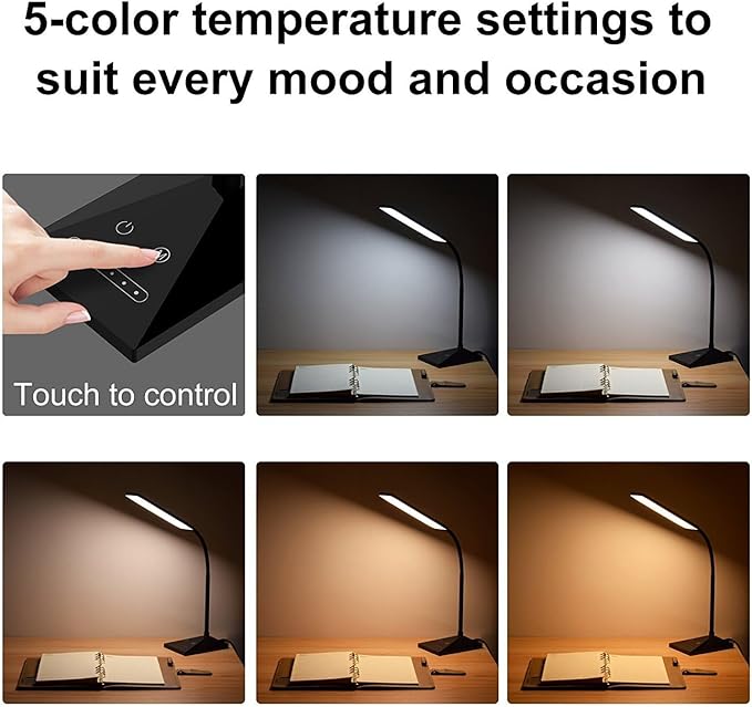 LED Desk Lamp, 5 Color Modes with 7 Levels of Brightness, Eye-Caring Dimmable Table Lamp Office Lamp with USB Charging Port, Touch Control Sensitive Dimmable 12W Black