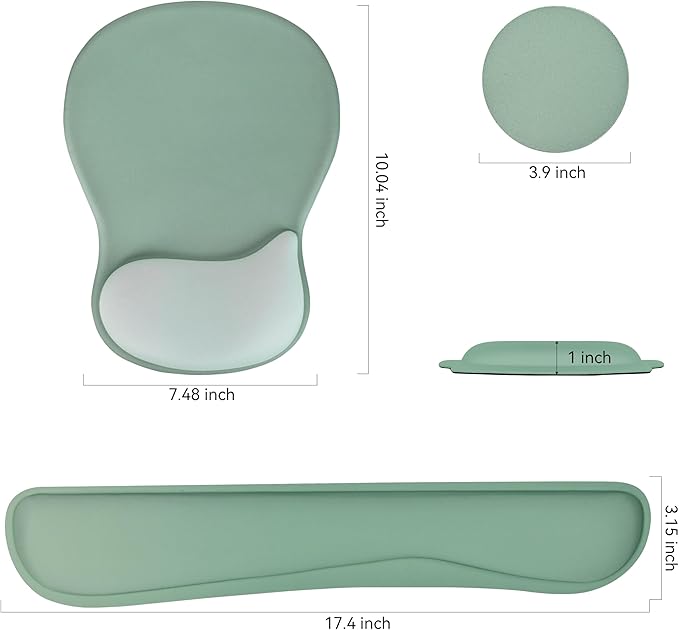 Wrist Rest Support for Mouse Pad Keyboard Set Circle Coaster Gaming Mouse Pad Ergonomic Gel Memory Foam Set for Computer, Laptop, Office, Comfortably Typing Pure Green KM-34
