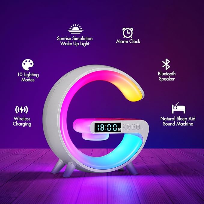 DEECOZY Mini Wireless Charger Atmosphere Lamp, Bluetooth Speaker LED Table Lamp, 10 Lights Mode Dimmable Night Light Bedside Lamp Alarm Clock with Music for Christmas Birthday Valentines Day Gifts