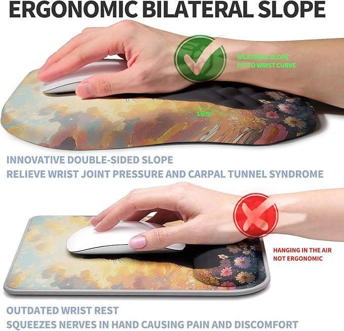 Ergonomic Raised Mouse Pad Wrist Support with Bilateral Slope Memory Foam Mousepad for Wrist Rest and Carpal Tunnel 11.8x7.9〃Flower Sea Cat