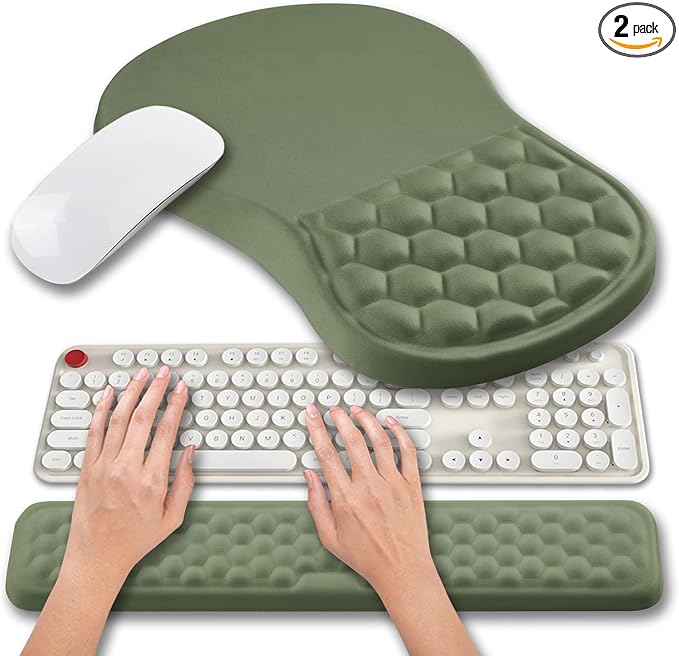 Hokafenle 2 in 1 Ergonomic Mouse Pad Wrist Support & Wrist Rest for Computer Keyboard Set, with Memory Gel Massage Bulge Design (2In1 Set, Dark Green)