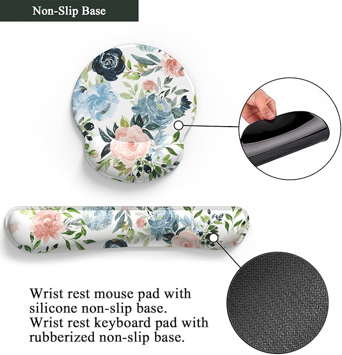 Green Blue Pink Floral Mouse Pad Wrist Support Keyboard Wrist Rest Set, Ergonomic Mouse Pad with Non-Slip Pu Base for Computer Office Comfortable Mouse Wrist Rest Easy Typing Mouse Pad.