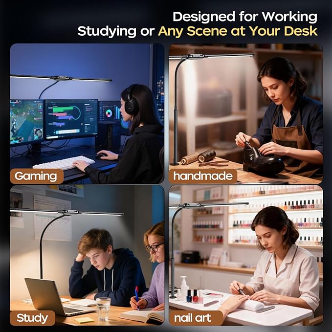 LED Desk Lamp with Clamp, Double Head Adjustable Architect Light, Eye-Caring Monitor Desk Lamp for Home Office, Flexible Gooseneck Task Lamp with 10 Brightness Levels & 5 Color Temperature Modes Black