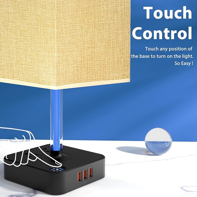 Bedside Table Lamp - Touch 3 Way Dimmable Lamp with 3 USB Charging Ports & 2 AC Outlets, Square Base Rectangular Flaxen Shade, Bedroom, Office, Dorm, Decor, LED Bulb Included (Black-Beige)