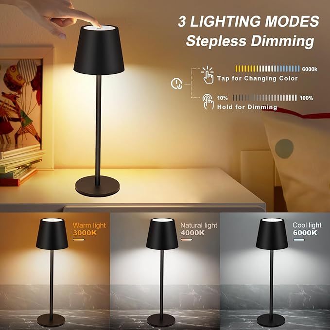 Black Cordless Table Lamp - 8-20 Inches Adjustable Height, 5000mAh Rechargeable Battery LED Desk Lamp, 3 Color Stepless Dimmable, Portable Waterproof Metal Table Light for Indoor/Outdoor