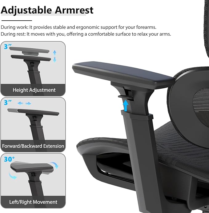Ergonomic Mesh Office Chair, Adjustable Headrest, 3D Armrests, Lumbar Support, Tilt Lock Function, Breathable High-Back Desk Chair Computer Chair for Home Office Work, Study, Gaming, Black