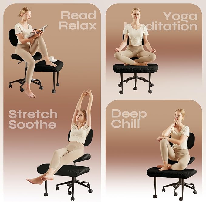 Ergonomic Cross Legged Chair for ADHD, Meditation Chair with 360° Swivel Wheels, Kneeling Office Chair with Back Support, Strong Lumbar Support, Teddy Fabric, Black