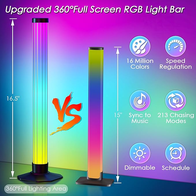 360° Smart Light Bar, Crystal Ambient Mood Light with 16 Million Colors, 213 Preset & 8 Scene Modes, Music Sync, Sound Active, 3 Modes Control RGB & IC Colorful Backlight for TV/Monitor/Gaming/Room