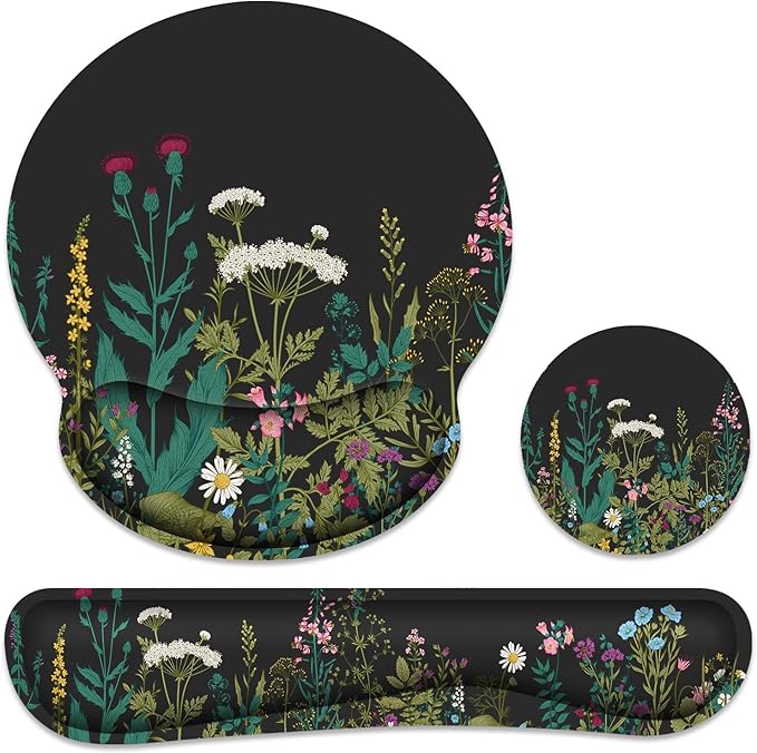 Ergonomic Mouse Pad with Wrist Rest and Keyboard Wrist Rest, Memory Foam Wrist Rest for Computer Keyboard, Easy Typing, Mouse Pad Wrist Support for Gaming,Office, Laptop, Black Flower