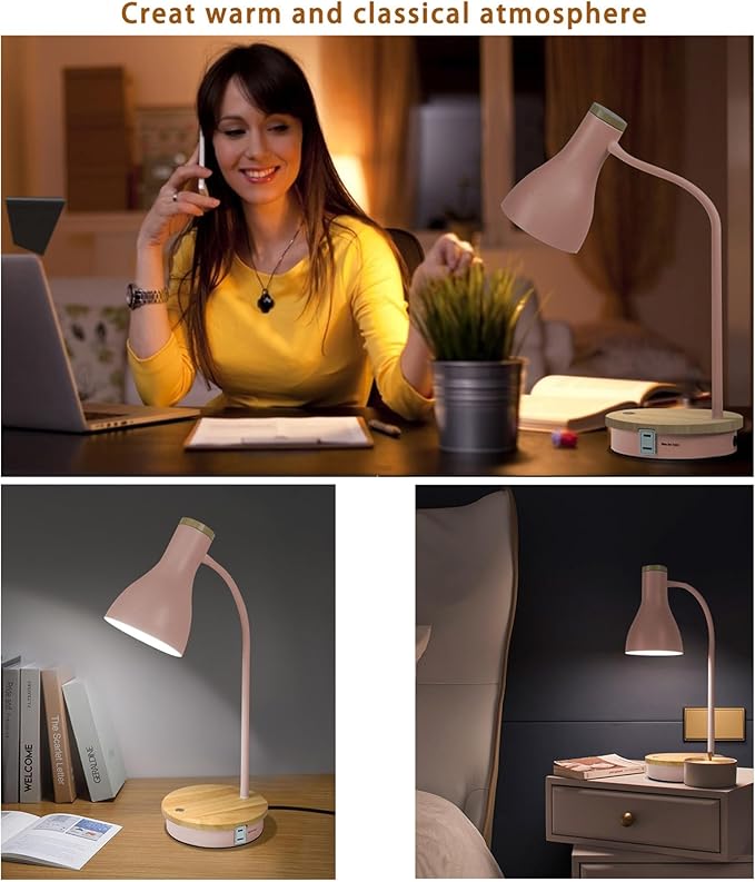 Metal Desk Lamp Wireless Charging Table Lamp Touch Reading Lights Arc Desk Lamps for Bedroom, 3 Way Dimmable Bedside Lamp with USB Charging Ports Lamp for Study Room and Office (Touch-Pink)