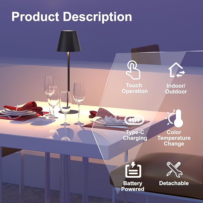ORALUCE Cordless Table Lamp Rechargeable, Battery Operated LED Desk Lamp with USB Type-C Charging Port, 3 Color Stepless Dimming LED Lamp for Bedroom/Restaurant/Party/Coffee Shop/Camping/Bars, 2 Pack