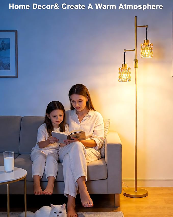 2-Light Gold Floor Lamp, 65IN Tall Standing Lamps Dimmable with Amber Glass Lampshade, 3000K Warmwhite Mid Century Modern Floor Lamp for Living Room/Bedroom