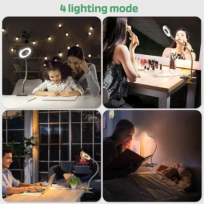 GLORIOUS-LITE LED Clip on Light, 36 LED Eye-Caring Reading Lamp for Dorm Room, 360° Flexible Gooseneck with 4 Color Modes, Dimmable Book Light for Bed, Desk, Headboard, Computer (Silver)