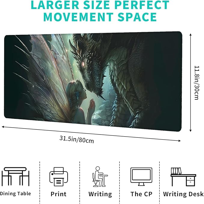 Enchanted Fairy and Ancient Dragon Gaming Mouse Pad,12x31.5in Non-Slip Rubber Magical Desk Mat,Large Extended Fantasy Mousepad for Office Home Laptop,Mice Pads Gifts,Game Lover Deskmat Decor