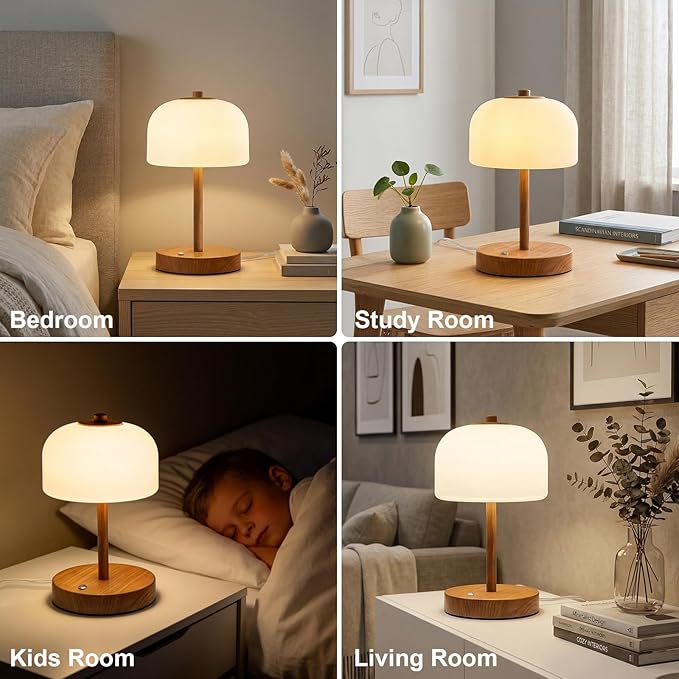 Oneach 9.5" Touch Control Table Lamp with USB A+C Charging Ports, Wood Grain Dimmable LED Bedside Lamp with 3 Color Temperatures, Small Modern Table Lamps for Bedroom Nightstand Living Room
