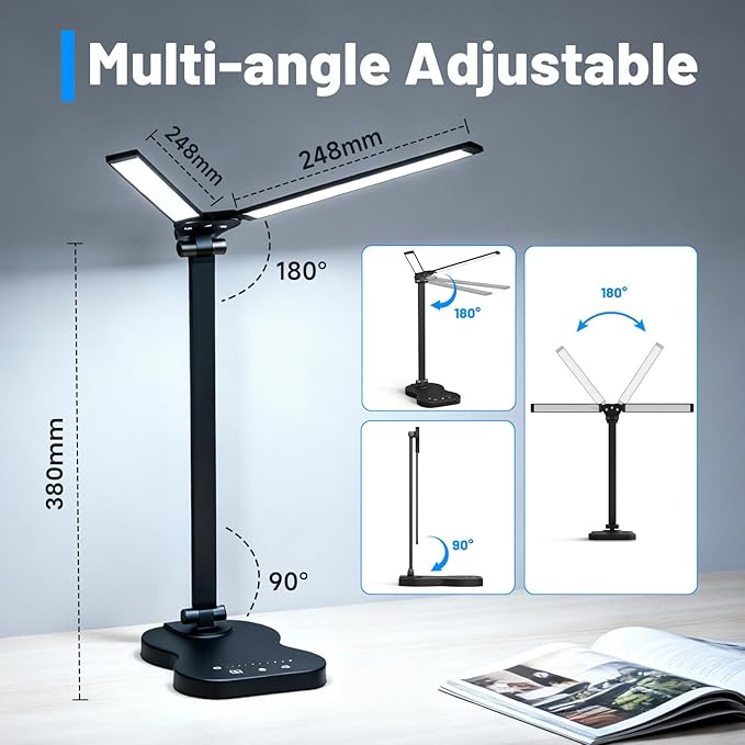 LED Desk Lamp with USB Charging Port, 5 Color Modes 10 Brightness, Dual Swing Arm Dimmable Desk Lamps for Home Office Nail Dorm (Black)
