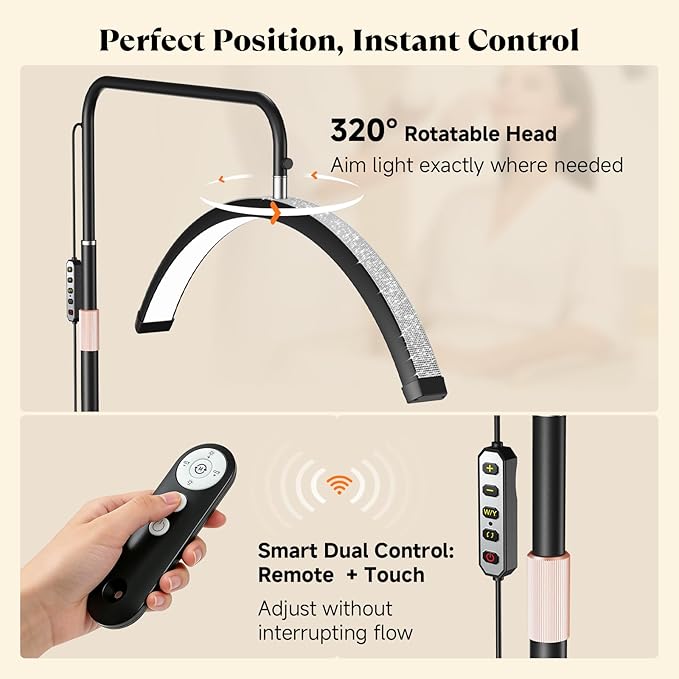 Half Moon Lash Light - Bling Diamond Lash Lamp with 4X Magnifier & Phone Holder, Adjustable Floor Lamp for Eyelash Extensions, Nail Art, Tattoo, Skincare, Dimmable Brightness, Rotating Head, Black