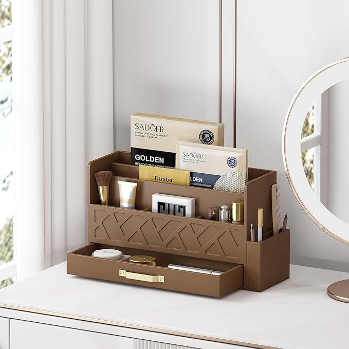 Bamboo Desktop Organizer with Drawer,Bill & Mail Organizer for Office Desk, Wall Mounted and Countertop Mail Sorter,Workspace Storage Accessories Organizer for File Letter （Brown）