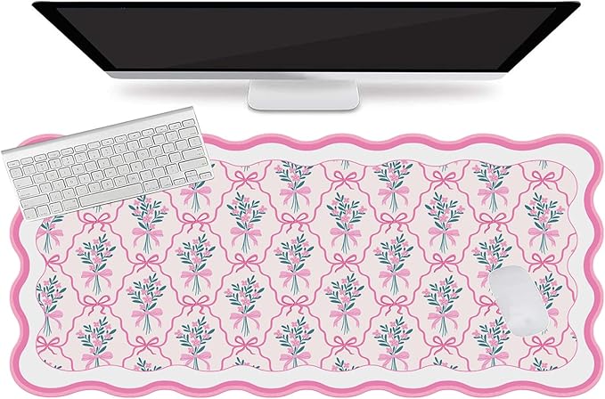 L-SPOUTTO Pink Mouse Pad,Cute Desk Mat XXL Large Scalloped Gaming Mousepad,35.4x15.7in Non-Slip Rubber Base Keyboard Pad Waterproof Girly Desktop Mat for Laptop Computer Game Home Office-Flower Bow