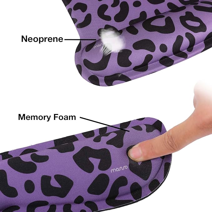 MOSISO Wrist Rest Support for Mouse Pad&Keyboard Set, Leopard Grain Ergonomic Mousepad&Coaster Non-Slip Base Home/Office Easy Typing Cushion with Neoprene Cloth&Raised Memory Foam, Purple
