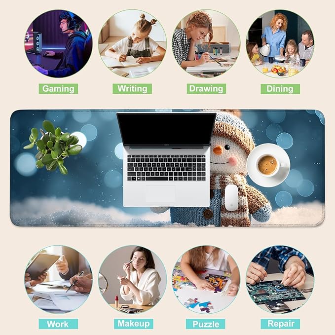 Desk Mat, XXL Extended Gaming Pad for Desktop, 31x12 Inches Scarf and Hat Snowman, Large Non-Slip Vegan Leather Surface with Stitched Edges, Keyboard Mouse Mat for Home Office