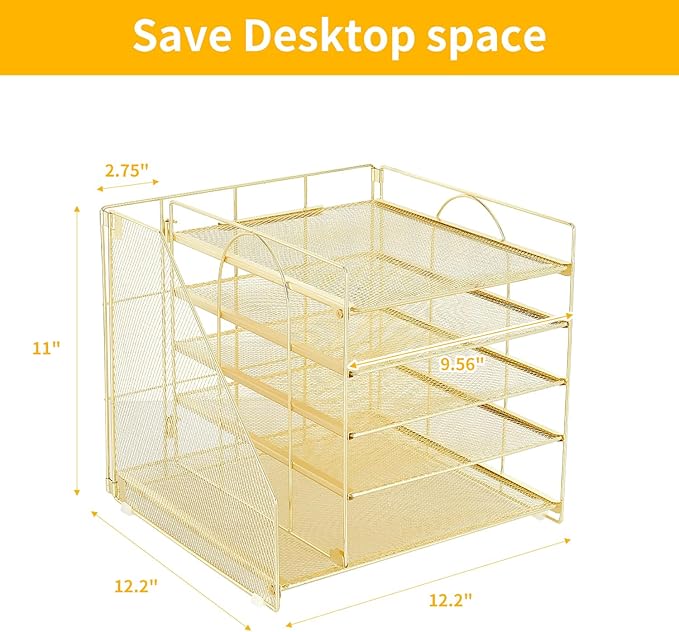 Desk Organizers and Accessories, 5-Tier Paper Letter Tray Organizer with File Holder, Desktop Organizer for Office Supplies (Gold)