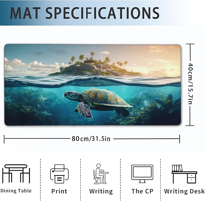 Desk Mat, Sea Turtle Tropical Extended Gaming Mouse Pad Large, Big Desk Mat with Non-Slip Base and Stitched Edge, Long Computer Keyboard Mouse Mat for Home Office Work 31.5"x15.7"