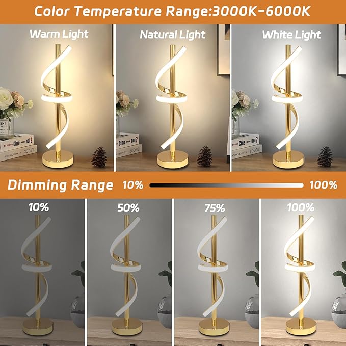 LED Modern Table Lamp, Dimmable Spiral LED Table Lamp, 3 Colors Touch Control, Modern Nightstand Lamp with USB/Type C for Bedroom Living Room