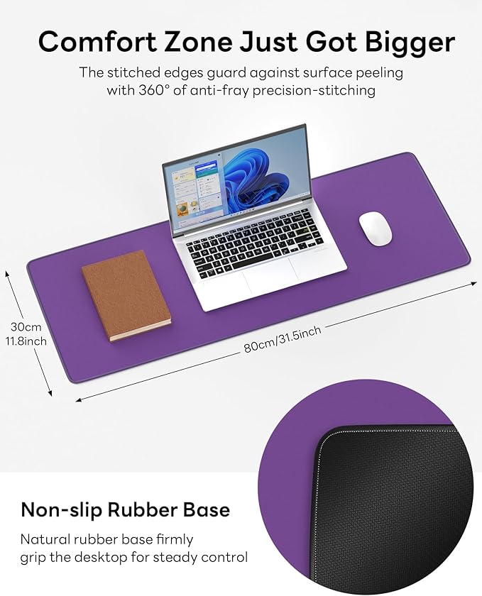 Purple Mouse Pad, 31.5 x 11.8 Large Desk Mat with Stitched Edges & Non-Slip Base, Mousepad for Office, Home, Work