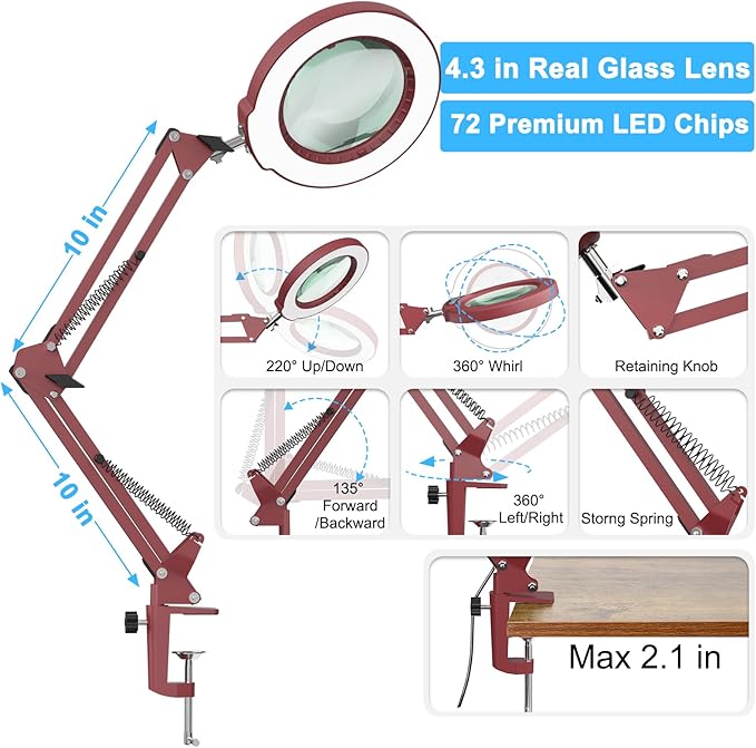 10X Magnifying Glass with Light and Clamp, Real Glass Stand Lighted Magnifier, 5 Color Modes Stepless Dimmable LED Desk Lamp Hands Free for Crafts Hobby Reading Painting Sewing Close Work - Red