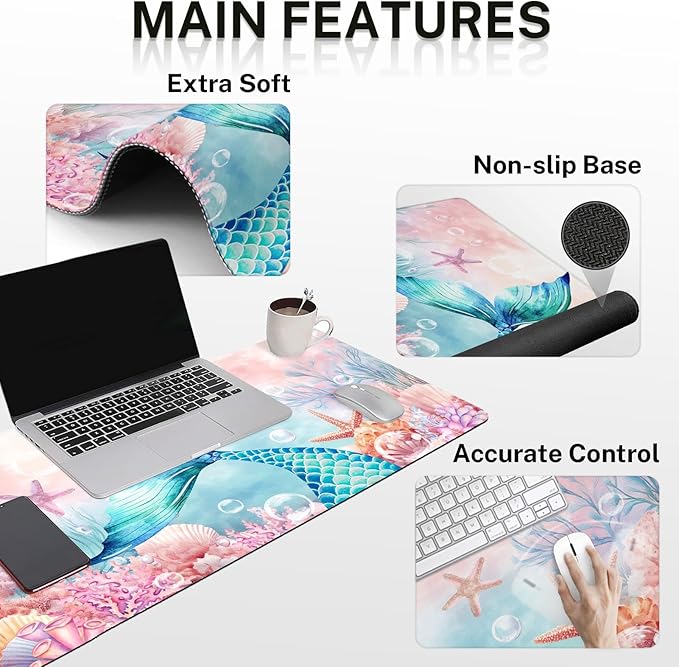 Britimes Pink Cute Deep Sea Mermaid Keyboard Mouse Pad Set 4in1 Large Mousepad+Keyboard Wrist Rest+Mouse Wrist Rest+Coaster Set with Ergonomic Design for Home Office Computer 35.4x15.7 inches