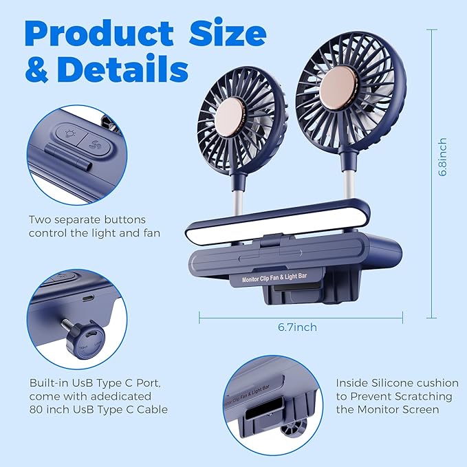 USB Monitor Clip on Fan via Flip-Open LED Light Bar, Two-Head Personal Cooling desktop Laptop Quiet USB Fan for Office, 3 Wind Speeds, for Flat, Curved Monitors (Deepsea Blue)