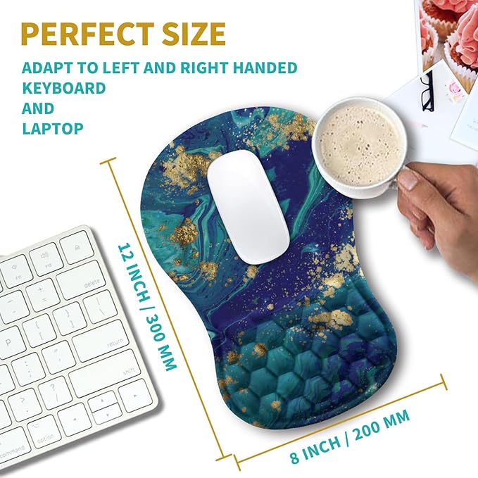 Hokafenle Ergonomic Mouse Pad Wrist Support, Wrist Rest Mousepad for Carpal Tunnel with Integrated Memory Foam Slope Massage Bulge (11.8x7.9 inch,Blue Gold)