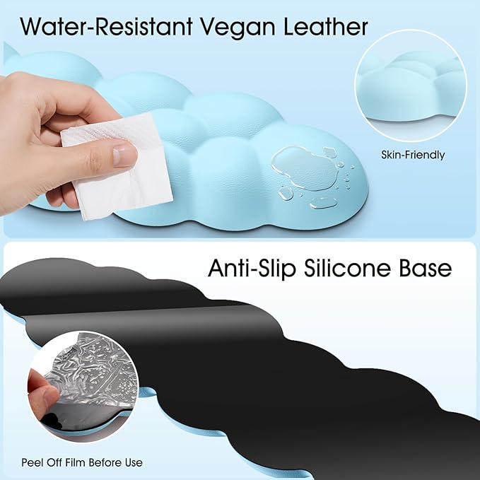 Cloud Wrist Rest Keyboard Cushion, 4-in-1 Ergonomic Cloud Keyboard Wrist Rest and Mouse Pad Set with Memory Foam Arm Support for Palm, Cute Desk Accessory for PC Gaming Setup, Blue