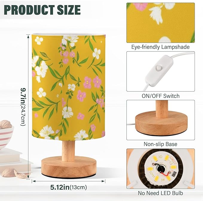 Yellow Floral LED Table Lamp, Bedside Lamp with Linen Lampshade, Flicker-Free Eye Care USB Plug in Nightstand Lamp, for Bedroom and Office
