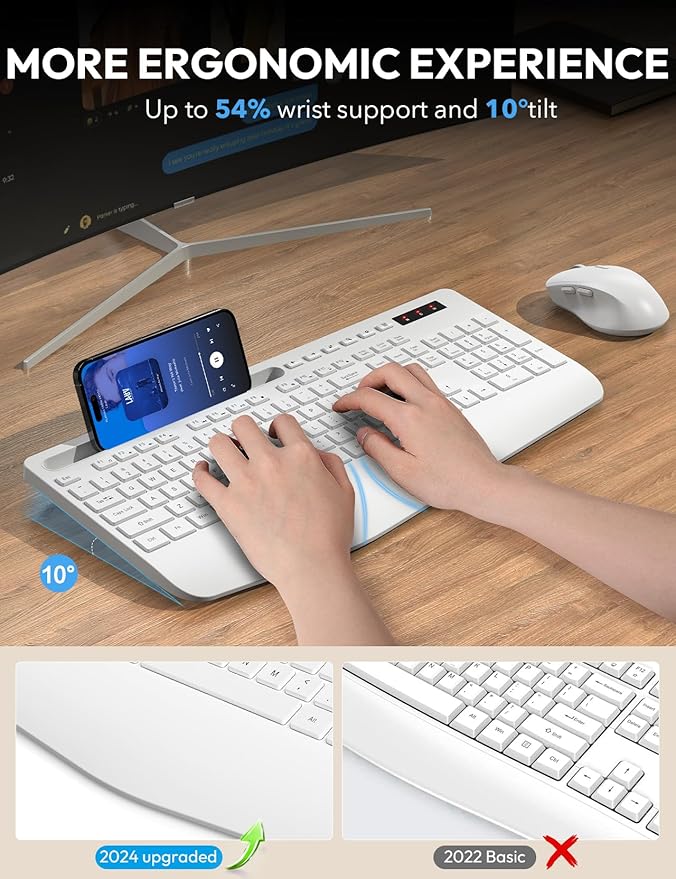 Wireless Keyboard and Mouse, Wrist Rest, Phone Holder, 2.4G Lag-Free Ergonomic Keyboards Mouse Combo, KM23D Silent Keyboards Set for Computer, Laptop, PC, Windows, White -SABLUTE