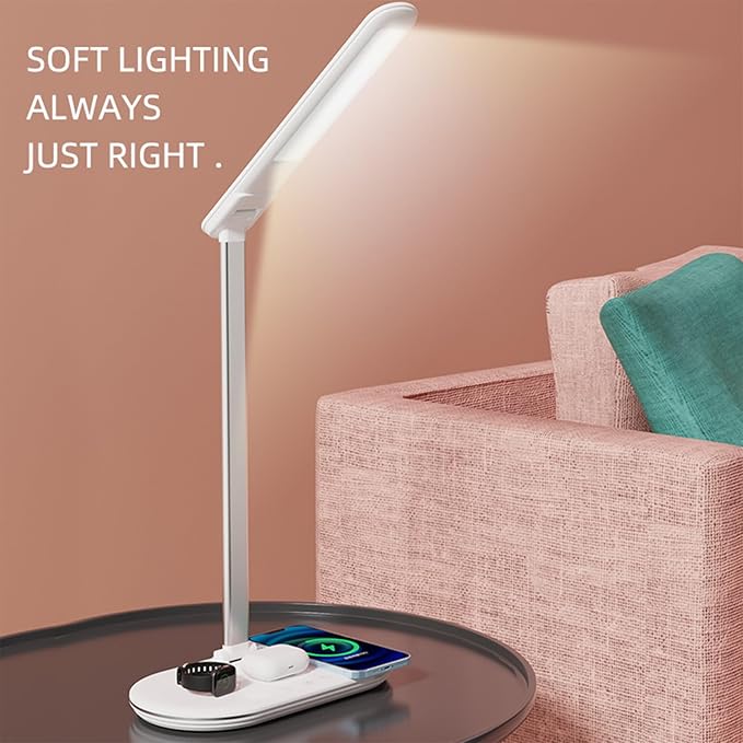 3-in-1 Wireless Charging Desk Lamp,15W Qi Fast Charger for Phone/Watch/Earbuds,Adjustable LED Light with 3 Colors & Stepless Dimming,Flexible Gooseneck,Touch Panel,HYT2096 White.